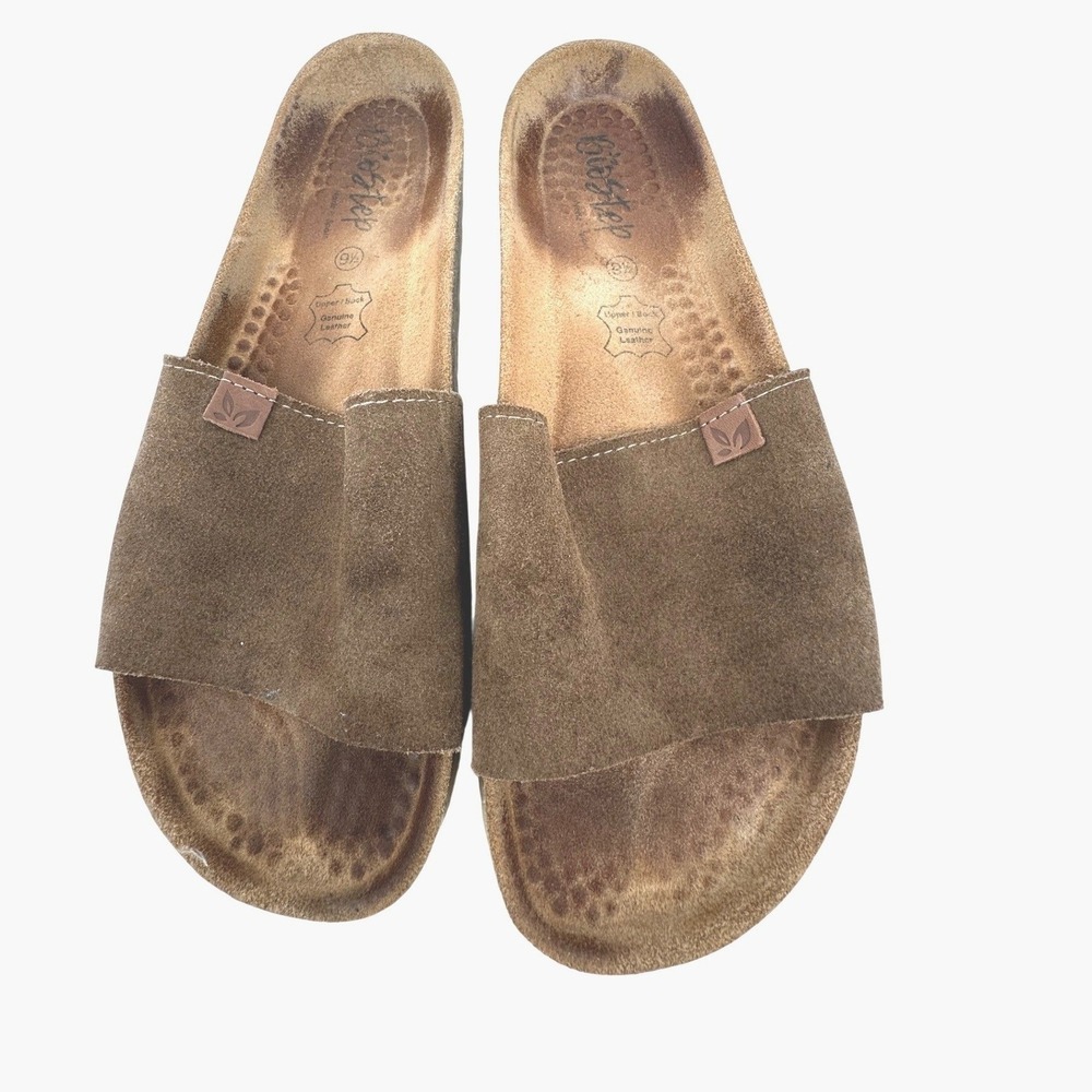 BioStep Slide Sandals Women 9.5 Brown Suede Leather Cork Footbed Bohemian Casual